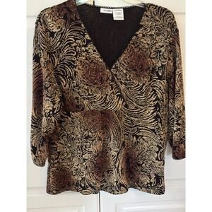 East 5th Women's X-Large Black Gold Floral Print Long Sleeve V-Neck Top